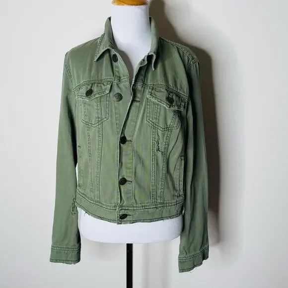 Free People Army Green Cropped Denim Jacket - Picture 2 of 7
